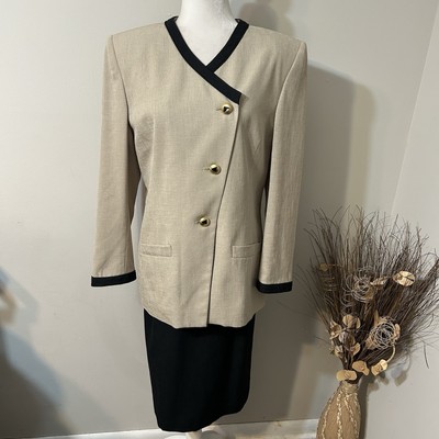 Vtg Kasper For ASL 2pc Skirt Suit Tan Black Long Sleeve Pleated Front Lined 14