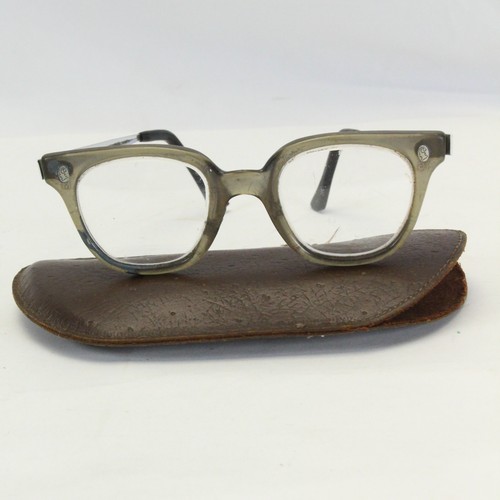 Vtg Fendall T-30 Safety Eyeglasses Crystal Gray Horn Rim Steampunk MCM Case USA