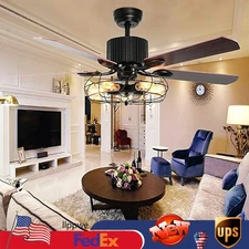 52'' Rustic Farmhouse Ceiling Fan Lamp Industrial Metal Cage Pendant Fan+Remote