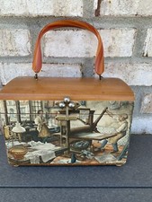 Vintage Anton Pieck Decoupage Wooden Box /Purse w/ Lucite Handle Stamped JRF
