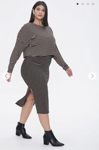 Forever 21 Plus Size Striped Tan And Black Midi Skirt Set Sz 0X New With Tags - Picture 2 of 5
