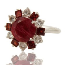 Sterling Silver Natural Garnet Ruby Corundum White Topaz Ring Ornament Jewelry