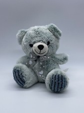 Teddy Bear Gray Blue W/ Heart Ribbon Bow Stuffed Animal Ribbed Feet 7"