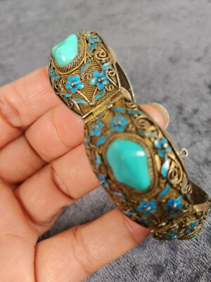 Beautiful Antique Chinese sterling Silver filigree enamel turquoise  Bracelet