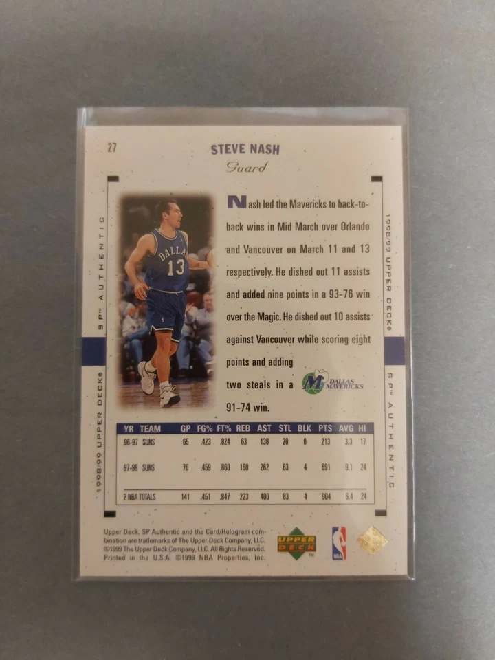 98-99 Sp Authentic Steve Nash #27 Mavericks Suns - Image 2 of 2
