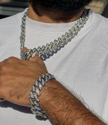 Iced 18mm Miami Cuban Link Necklace Silver St Steel 24 in Chain Bracelet  Set ICY