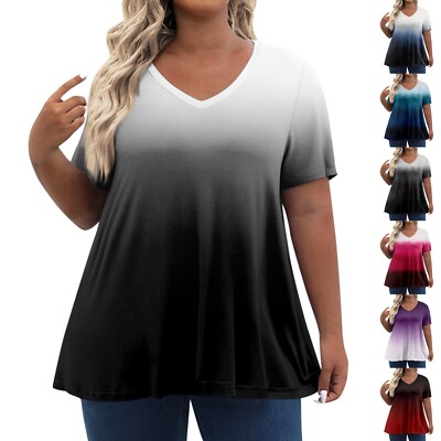 Womens Plus Size Tops Short Sleeve Shirts V Neck Tunic Gradient Blouses L-5X