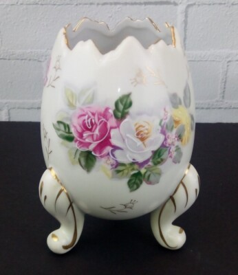 Vtg Inarco Egg Vase 60s Japan Roses Moriage Hand Painted Footed Pink Granny Core