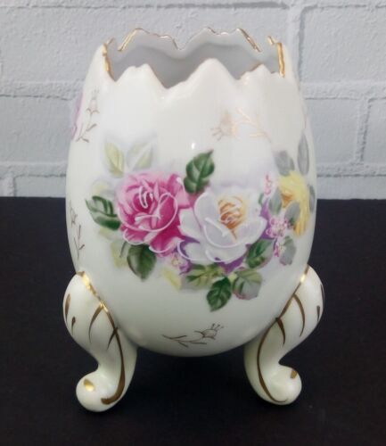 Vintage Inarco Egg Vase Planter Cabbage Rose Moriage Hand Painted Footed Pink - Picture 1 of 9