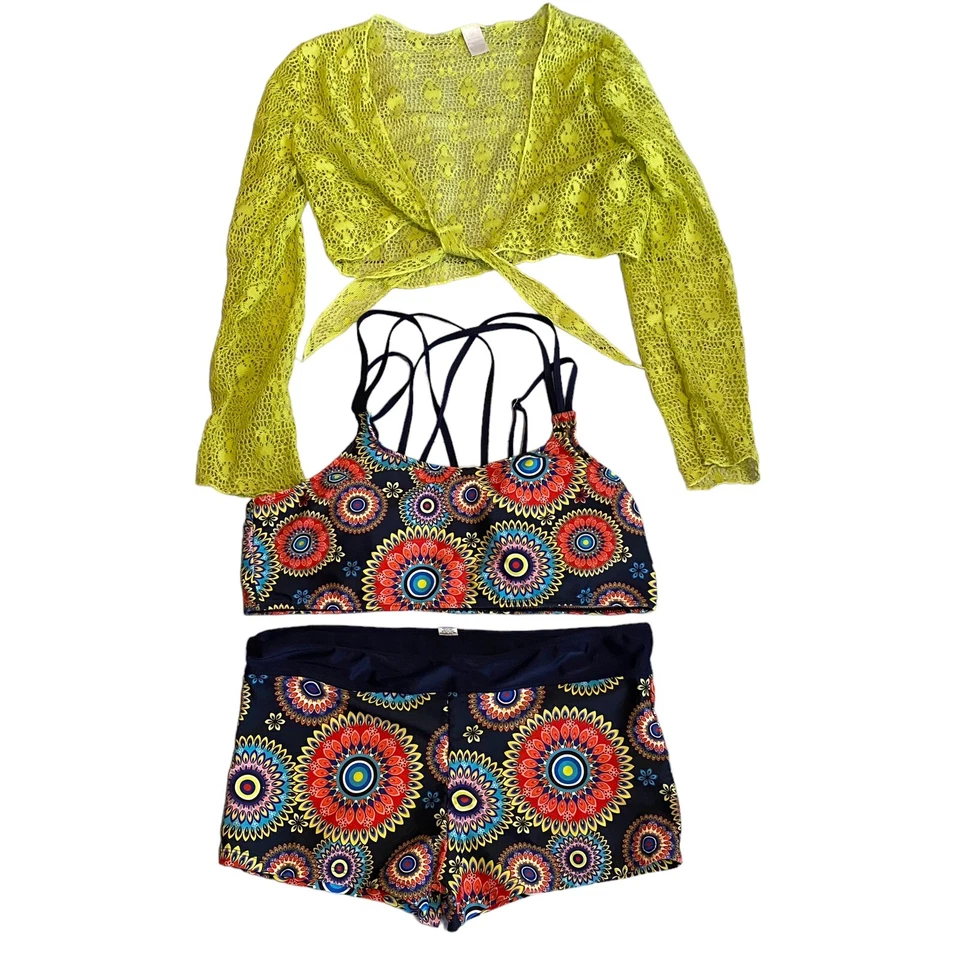 Traje de baño boho de 3 piezas para mujer talla XXL con encubrimiento de encaje verde Foto 2 de 4