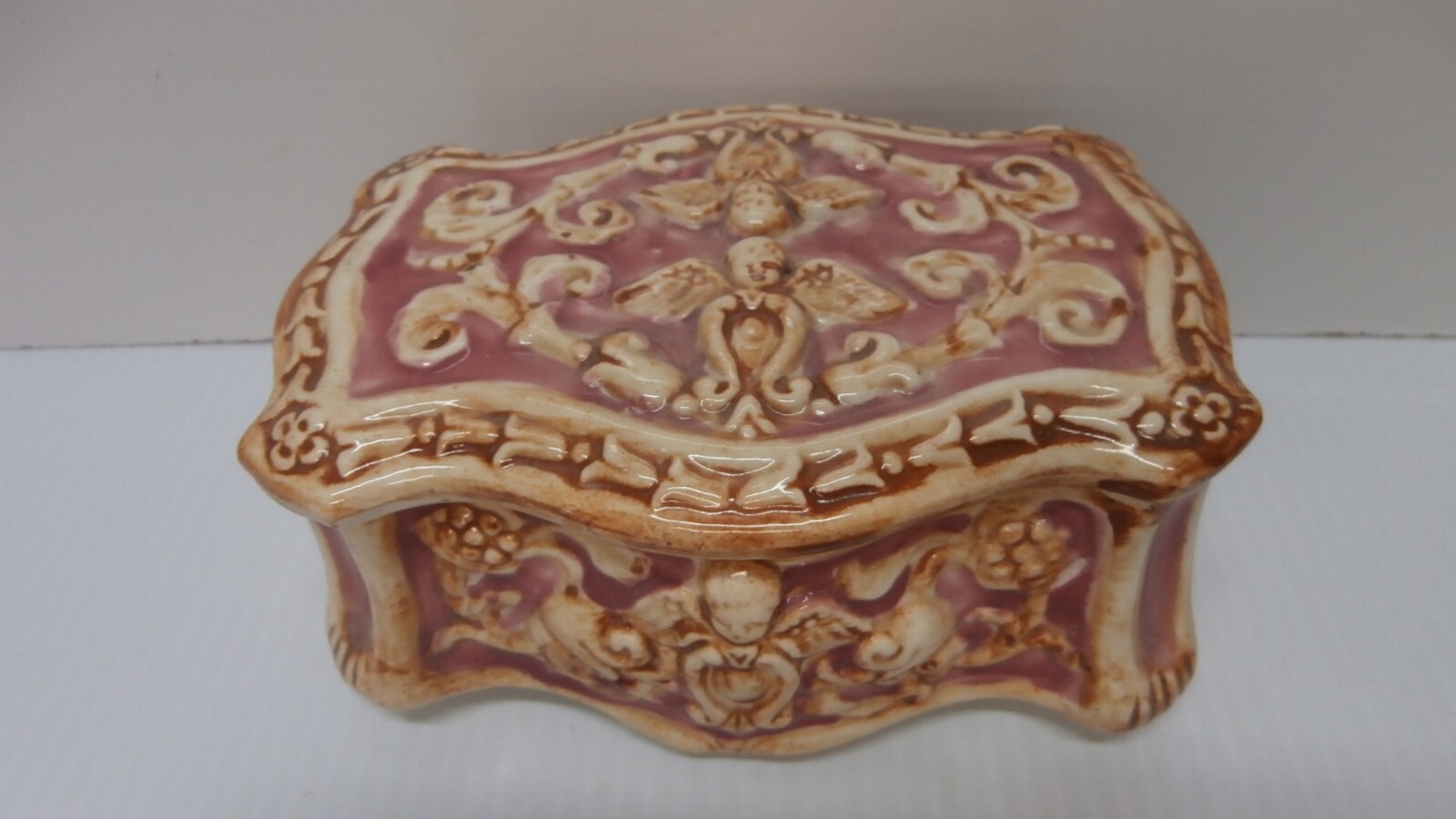 Vintage Pink and Brown Ceramic Angel Cherub Trinket Box 6.5x3 Vanity Decor