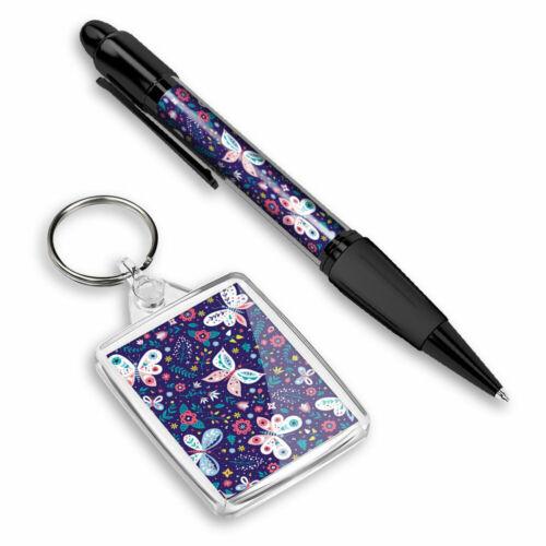 Pen & Keyring (Rectangle) - Purple Butterfly Pattern Fun  #2421 - Picture 1 of 4