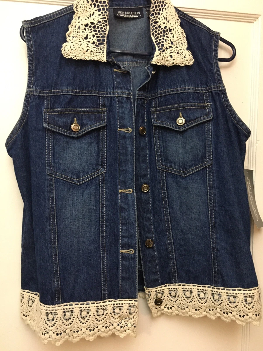 NEW DIRECTIONS Blue Jean and Lace Vest Size Small NWT Button Up