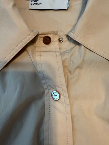 Tory Burch Gold Snap Poplin Camp Shirt Size 8 Khaki Short Sleeves Boxy Preppy - Picture 5 of 10