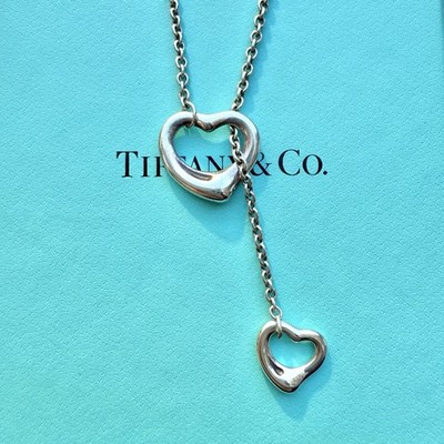 Authentic Tiffany & Co Silver Elsa Peretti Double Open Heart Lariat Necklace 18 