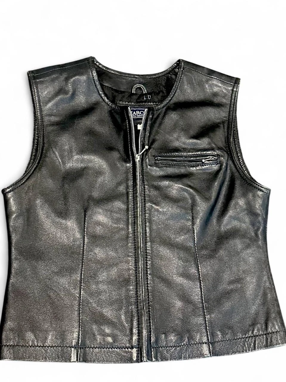 80s HAROLD'S Vest Black Leather lined front metal zip steampunk zipper pulls sle