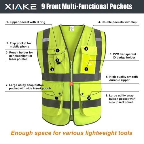 Class 2 High Visibility Reflective Safety Vest with 9 Pockets Yellow Large Size image 5