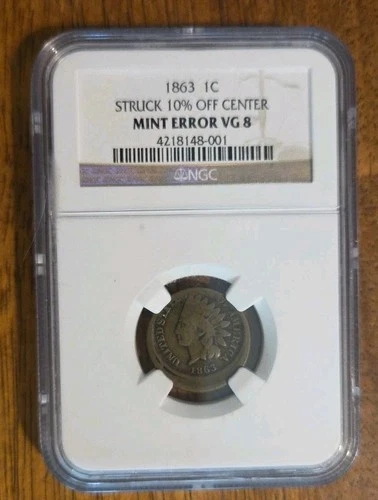 1863 NGC VG8 Indian Head Penny Off-Center Error Coin