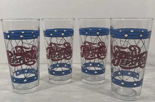 Set of 4 Vintage Pepsi-Cola Tiffany Style Glasses Stained Glass 16oz 1970s EXC