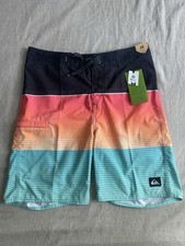 NEW Quiksilver Youth Boardshorts 28/14 Striped Surf Boys Black Teal Orange Surf