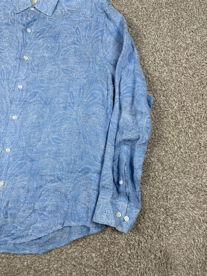 Camisa Tasso Elba Para Hombres Mediana Azul Paisley Lino Abotonada Manga Larga Informal Foto 3 de 4