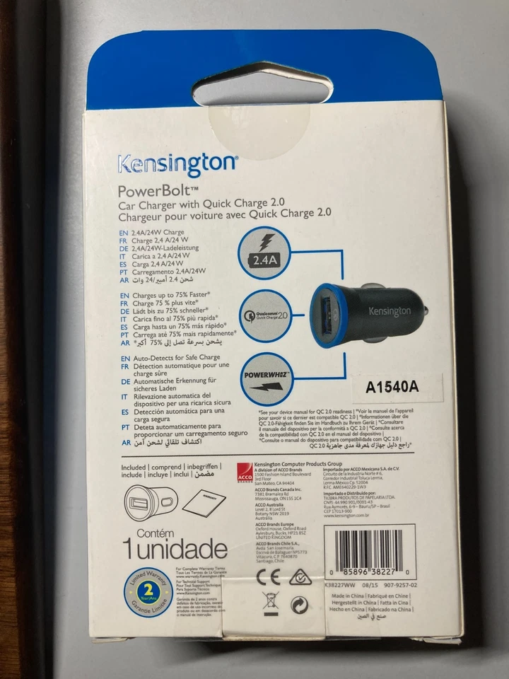 Cargador de coche Kensington PowerBolt con carga rápida 2.0 2.4A 24W Foto 3 de 3