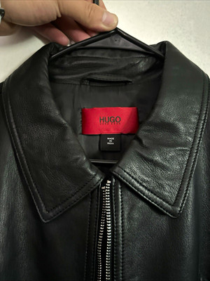 HUGO Men's Black Leather Jacket Full Zip Point Collar Regular Fit Size XL