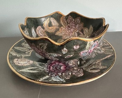 Vintage Chinoiserie Floral Bowl and Plate Set