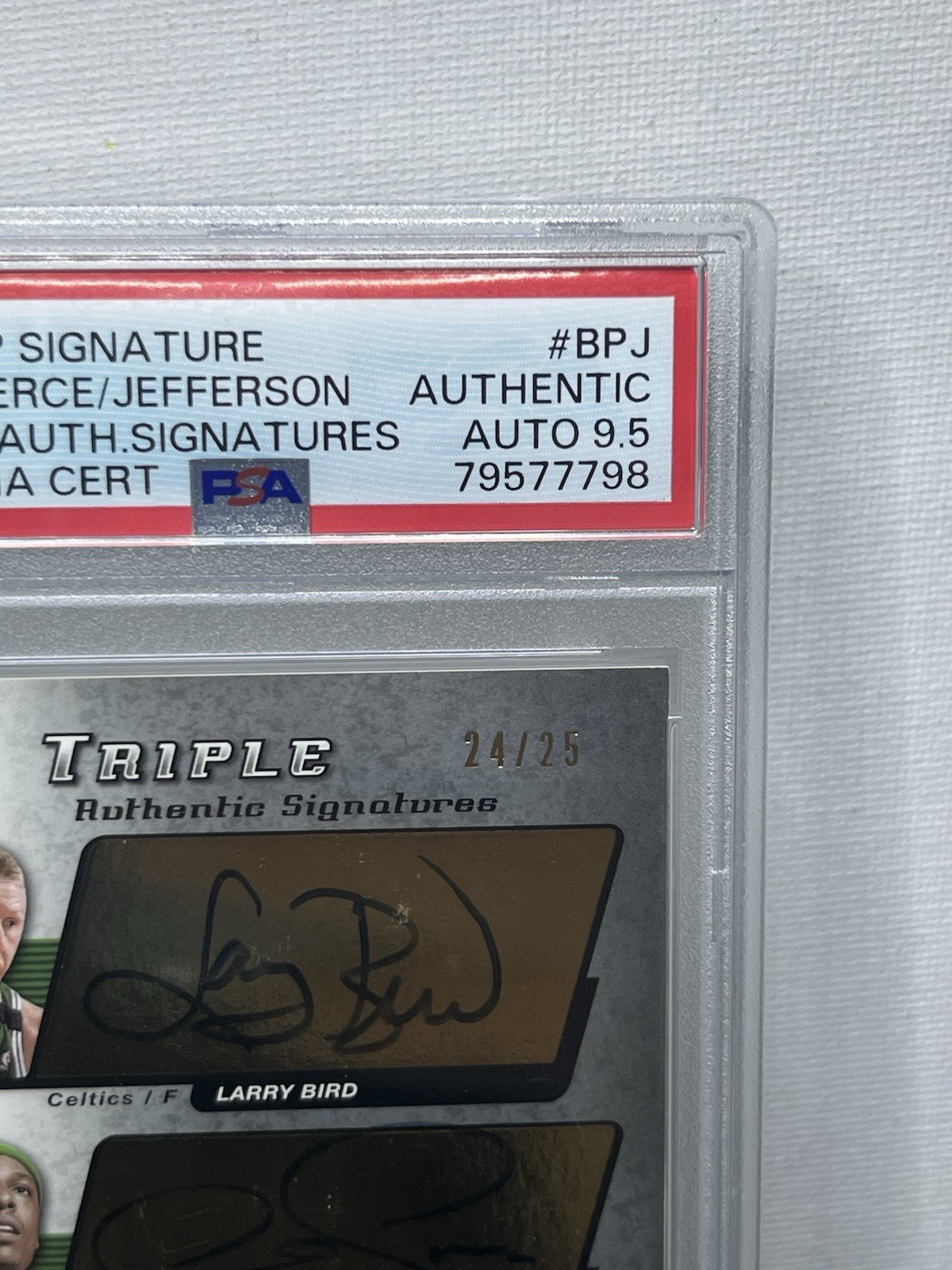 PSA Authentic 9.5 Auto LARRY BIRD PAUL PIERCE AL JEFFERSON 2004 SP TRIPLE 24/25 view 3