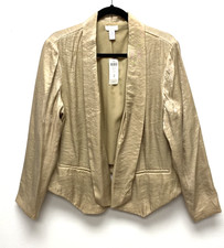 Chicos Drape Front Jacket 2 Large Metallic Gold Champagne Shawl Collar NWT