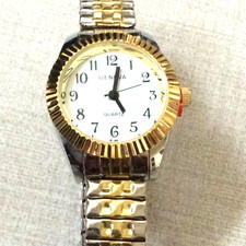 Geneva Women Watch Round White Dial Numbered Hours on Two Tone Stretch Band New