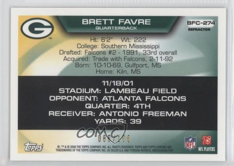 2008 Topps Chrome Collection White Refractor /100 Brett Favre #BFC-274 HOF - Image 2 of 2