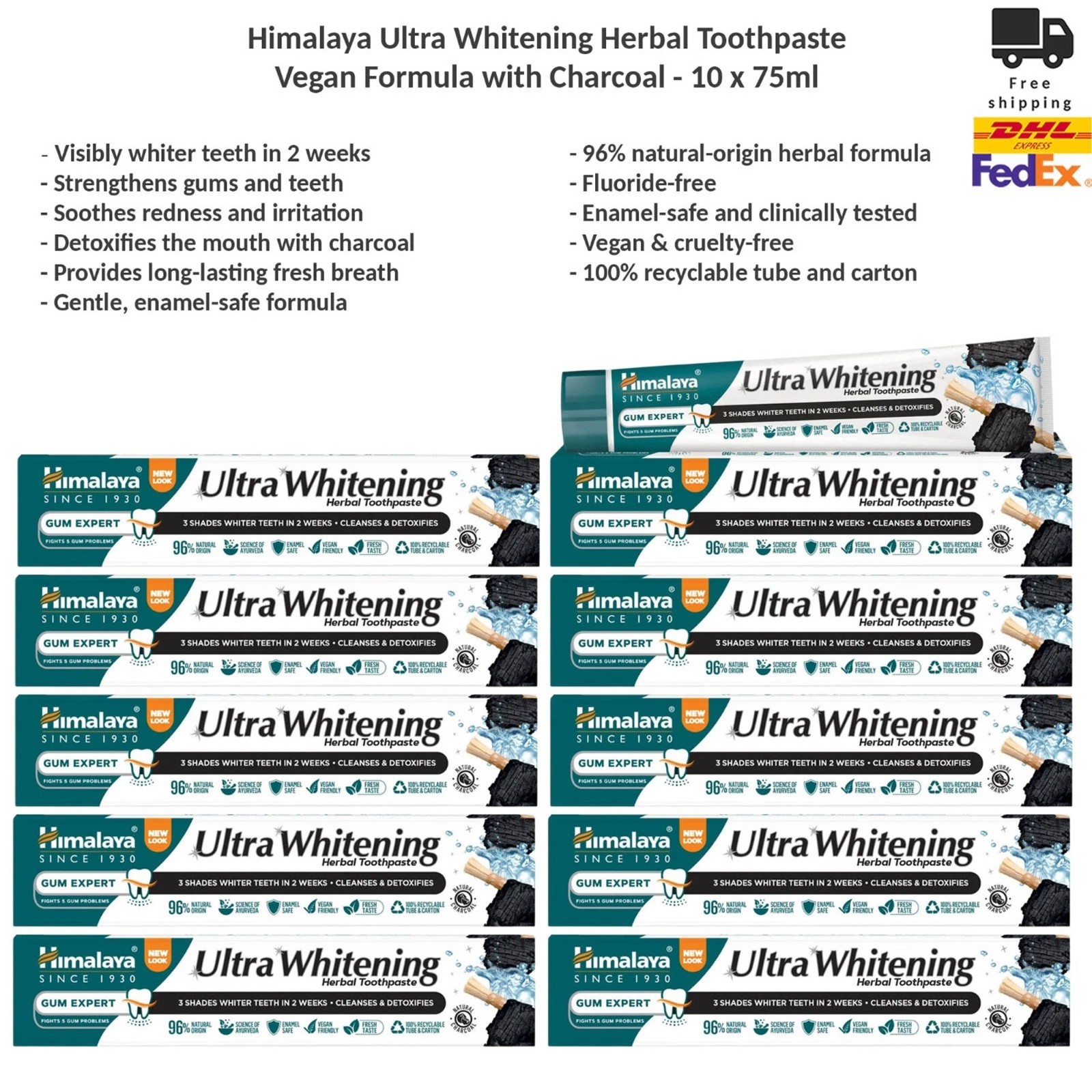 Himalaya Ultra Whitening Kräuter-Zahnpasta Vegane Formel mit Holzkohle 10x75ml - Bild 2