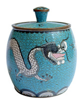 Vintage Chinese Cloisonn&eacute; Jar Dragon Trinket Box Brass Turquoise Enamel Covered