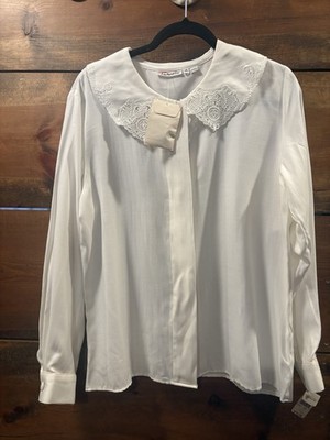 NWT Vintage Talbots White Lace Collar Cottagecore White Rayon Shirt Workwear 14