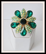 Green Flower Stretch Ring Green AB Crystals Gold Plated Statement