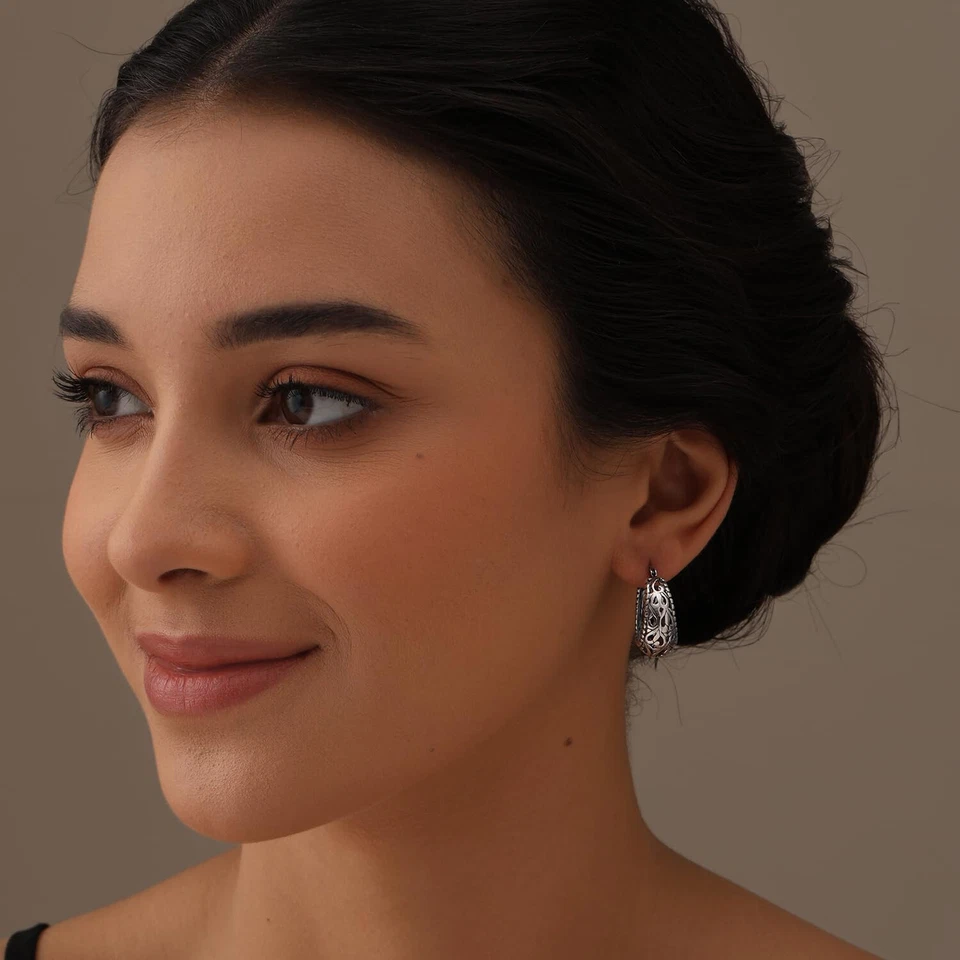 925 Sterling Silver LightWeight Small Oval Filigree Hoop Earrings for Women 25MM - Image 3 of 4