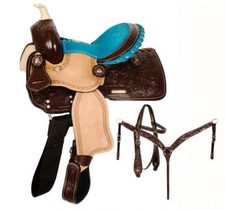 10" Double T Western Pony Saddle Set with Copper Conchos and Teal Suede Seat