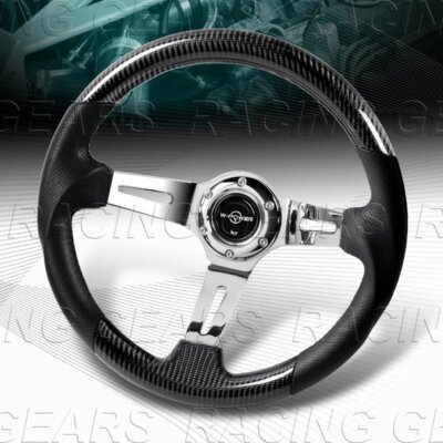 343MM REAL CARBON FIBER LEATHER W-POWER 4'' DEEP DISH CHROME SPOKE STEERING WHEEL