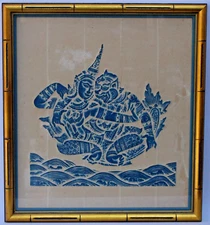 Mid Century Thai Temple Gouache Charcoal Rubbing Painting 1960 Thailand Souvenir