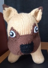 HAND KNITTED FRENCH BULLDOG PUPPY BROWN&nbsp; SOFT TOY approx 24cm height 34 length