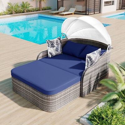Outdoor Patio Wicker Sunbed Sloped Backrest Double Lounge Daybed with Pillows US