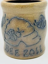 Vintage Maple City Pottery Stoneware Tan & Blue Bee 2011 Small Succulent Planter