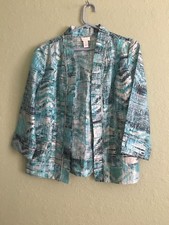 Chico  s 0 XS-S LINEN BLEND SILVER BLUE RUFFLE BEADED OPEN COLLAR JACKET