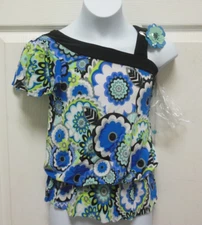NWOT One Shoulder Flower Power Dance Top Royal Blue Int Child Girls 6x-8 