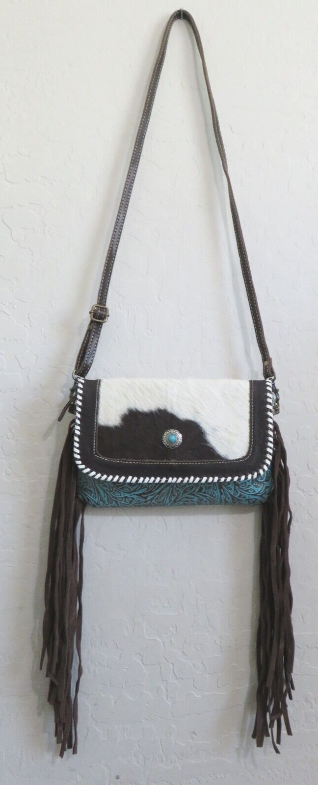 PONY Borsa a tracolla Myra pelle lavorata turchese marrone bianco capelli di cavallo frange western