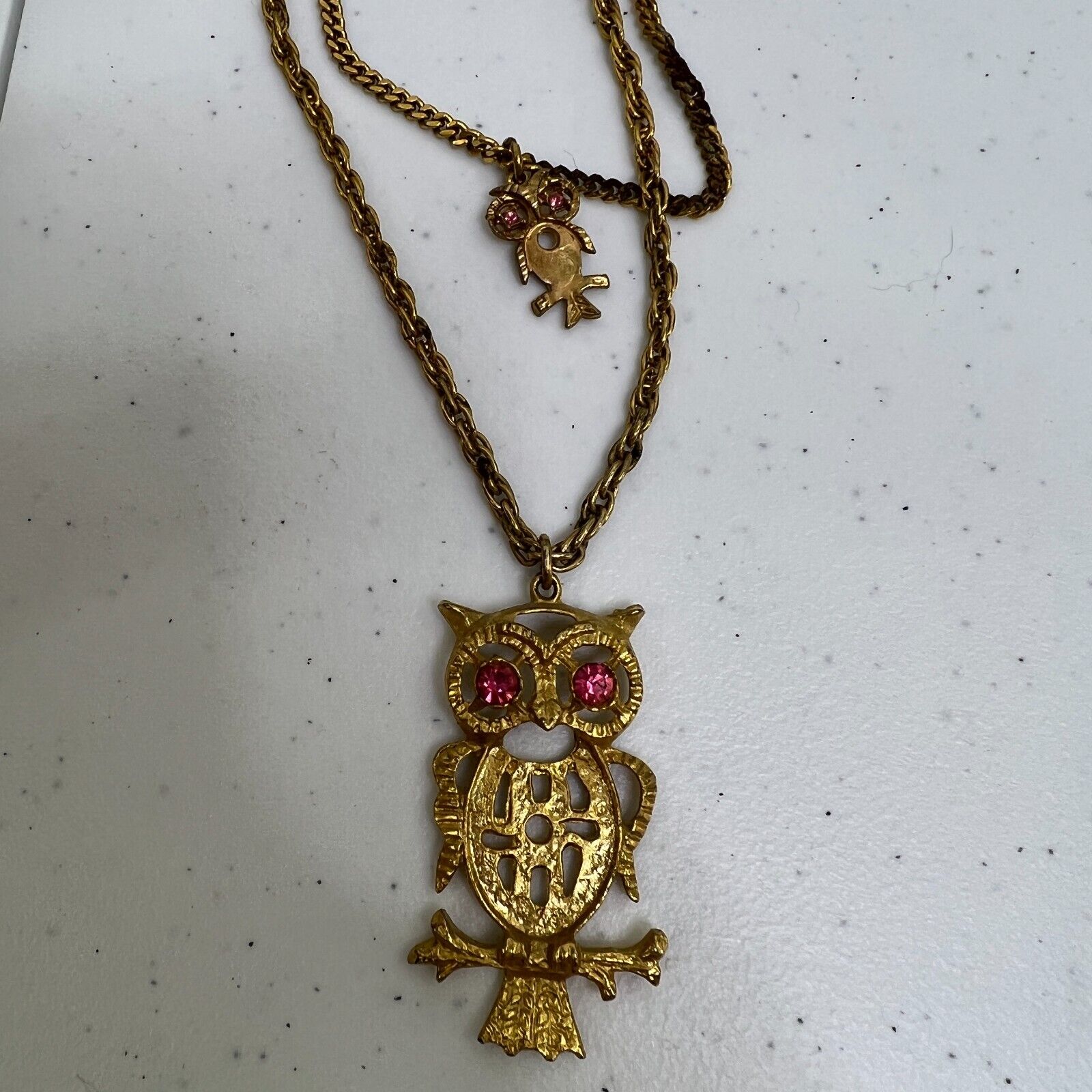Owl Necklace Mom Baby Gold Tone Pink Rhinestone M… - image 2