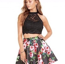 Size 7 Pink  Black 2 Pc Sparkly Floral Prom Homecoming Party Cocktail Dress NWT