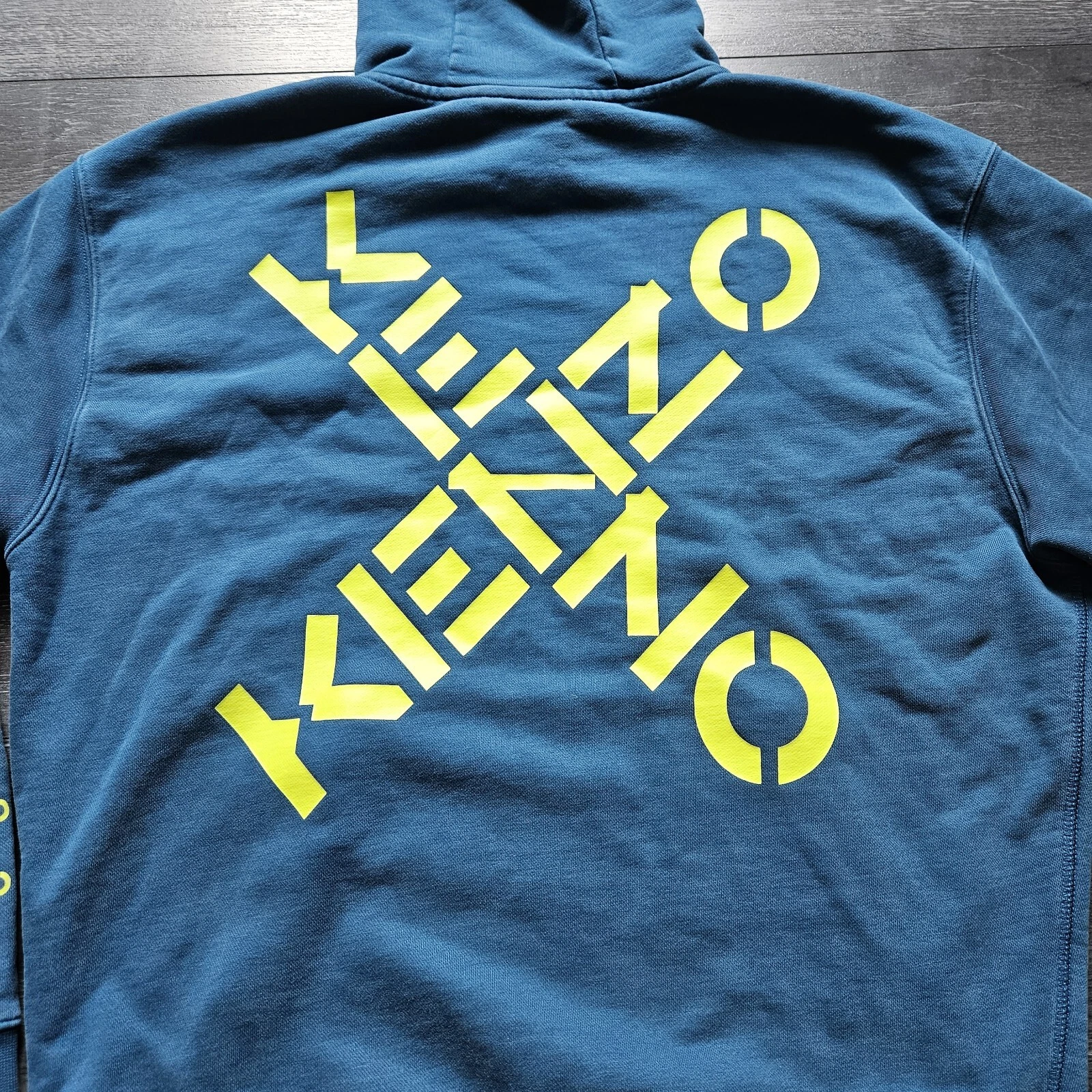 Kenzo Paris Felpa con Cappuccio Uomo S Verde Teal Cross Spell Out Logo Manica Hit Streetwear