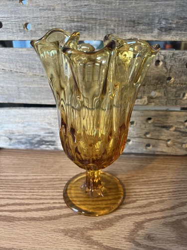 Fenton Colonial Amber Yellow Thumbprint Handkerchief Swung Vase Vintage 8”